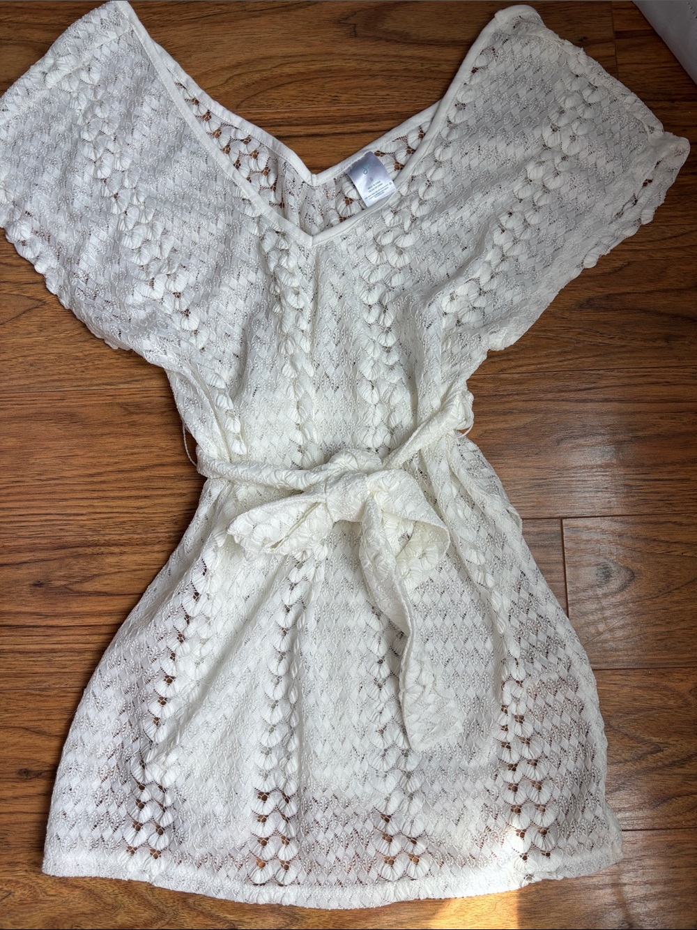 Kona Sol Ivory Crochet V-Neck Tie-Waist Mini Dress Beach Swim Cover Up Sheer S